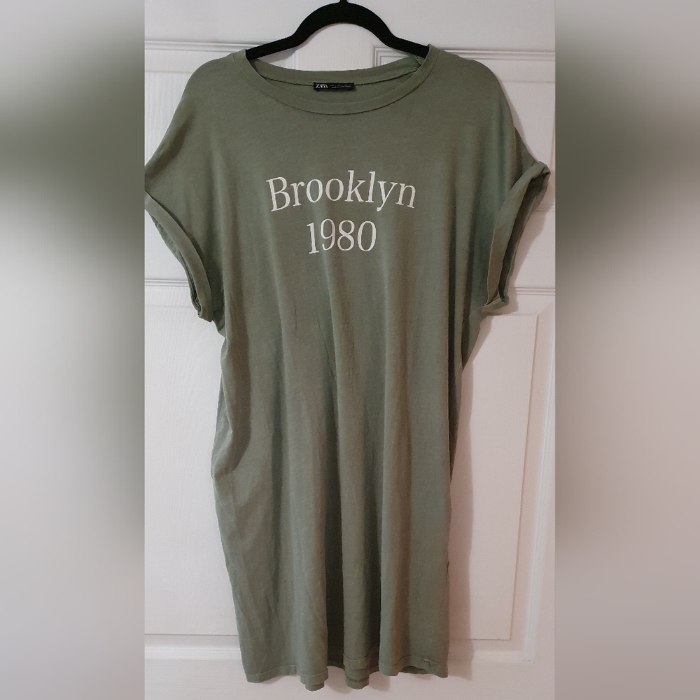 ZARA Rolled Sleeves T-shirt Dress Olive Green Womens‎ Size L Urban Streetwear